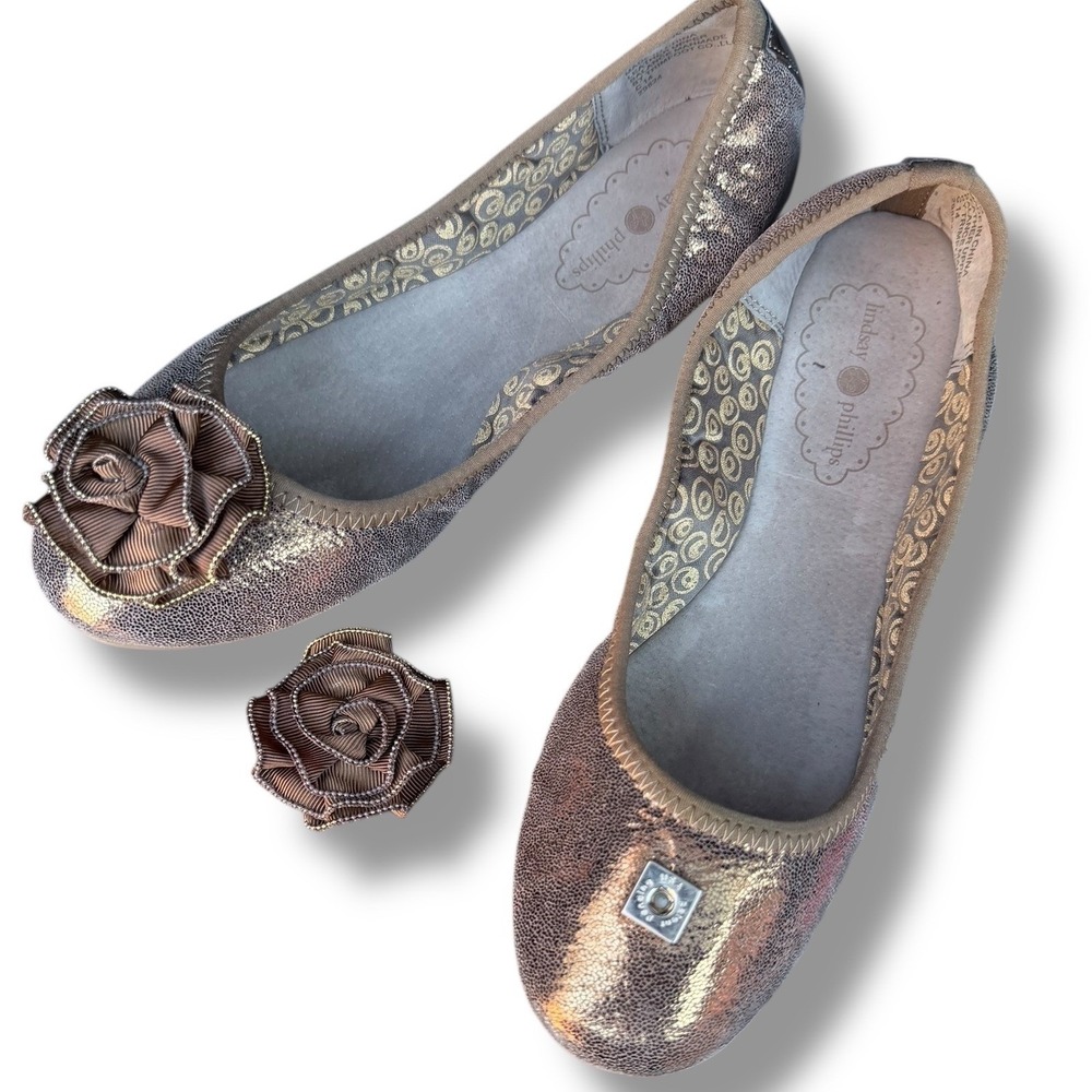 Lindsay Phillips Liz Ballet Flats Metallic Bronze Leather Rose Embellishment 6.5 - Picture 5 of 16